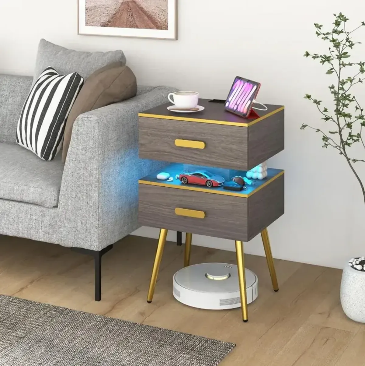 Hivvago Nightstand Sofa Side Tables with Charging Station and 2 Drawers and LED lights