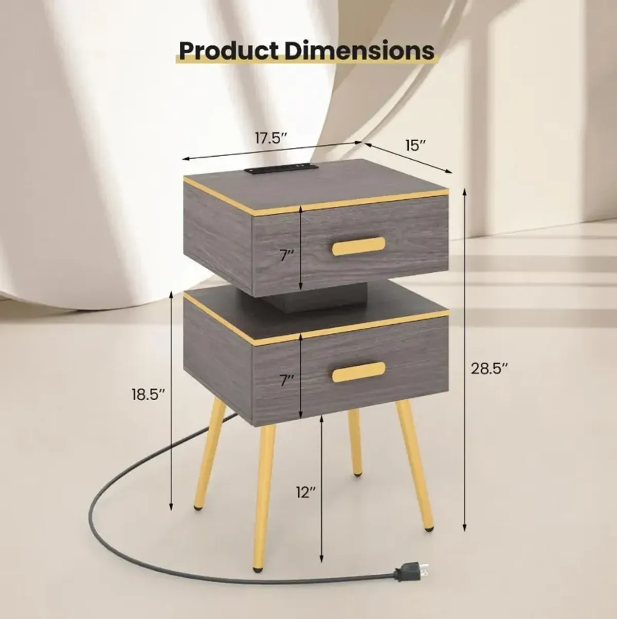 Hivvago Nightstand Sofa Side Tables with Charging Station and 2 Drawers and LED lights