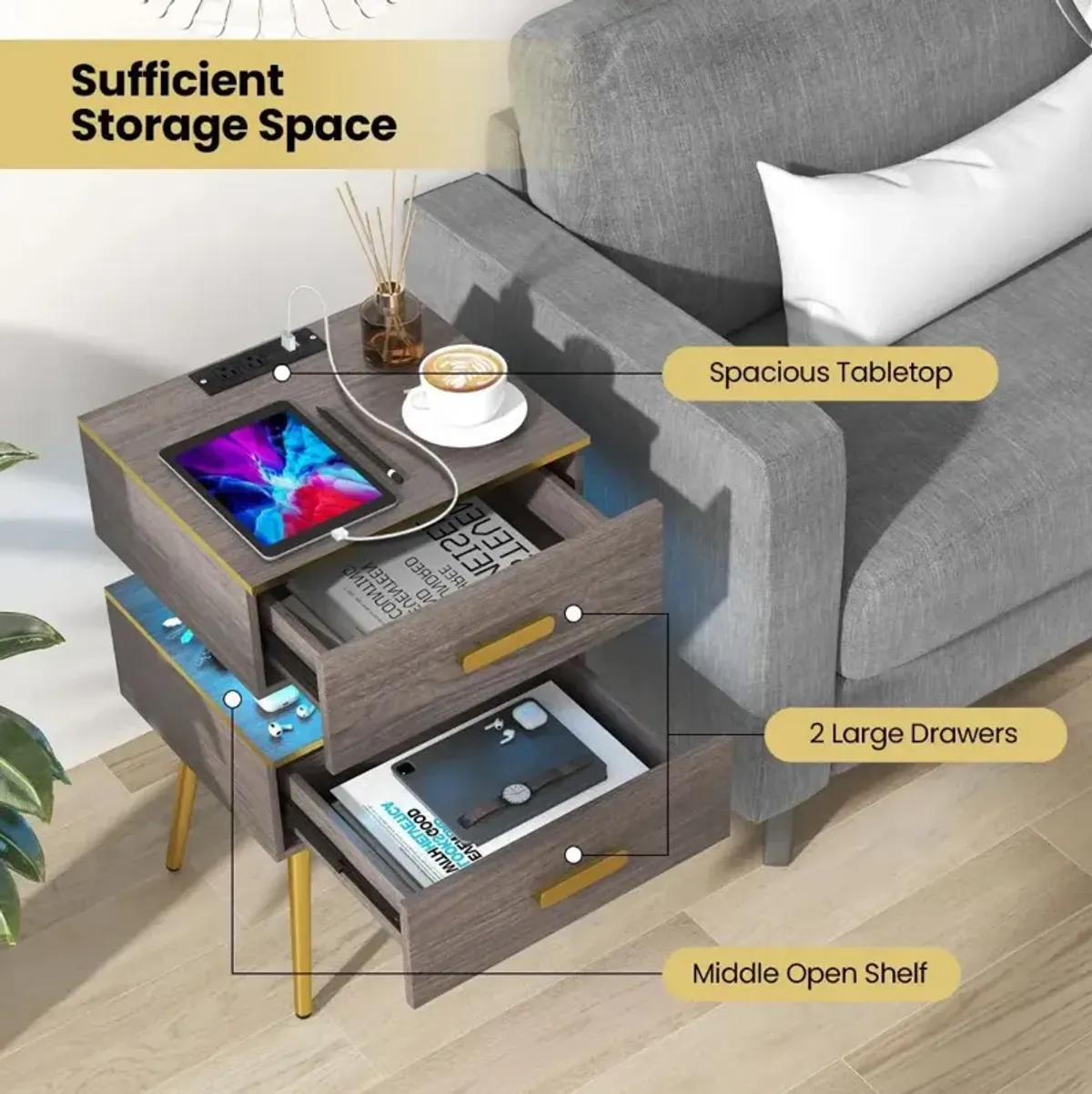 Hivvago Nightstand Sofa Side Tables with Charging Station and 2 Drawers and LED lights