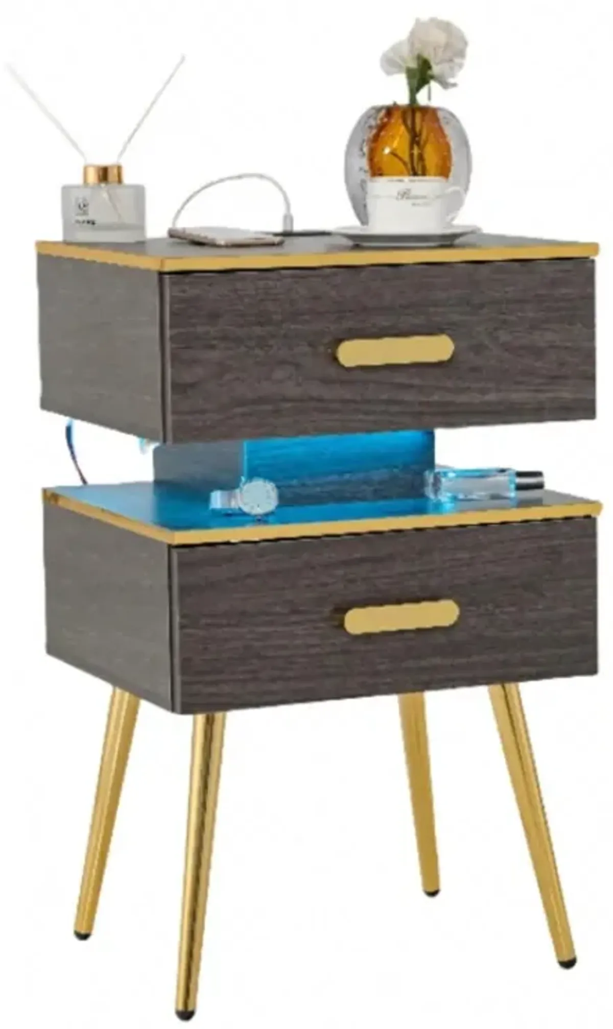 Hivvago Nightstand Sofa Side Tables with Charging Station and 2 Drawers and LED lights