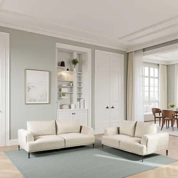 Batty 2pc Sofa and Loveseat Set, Beige Chenille, Adjustable Back - Benzara