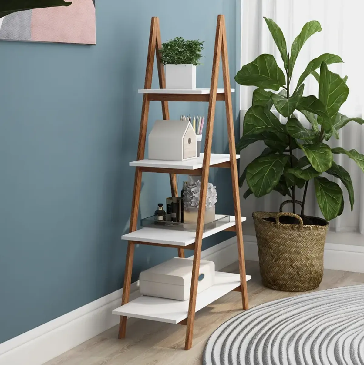 16.93 in. Tall White A Frame Bamboo Wood 4-Shelf Bookcase