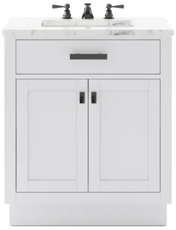 Hartford 30 In. Single Sink Carrara White Marble Countertop Bath Vanity in Pure White