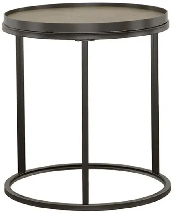 24 Inch Rustic Round End Table, Weathered Elm Brown Top, Hollow Base, Gray - Benzara