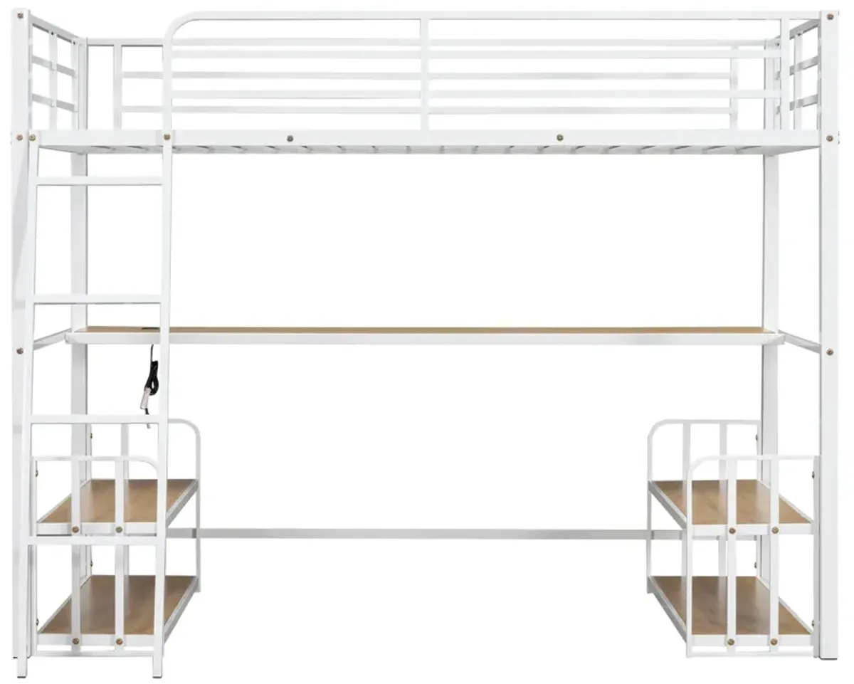 Merax Metal Loft Bed with Desk and Storage Shelves