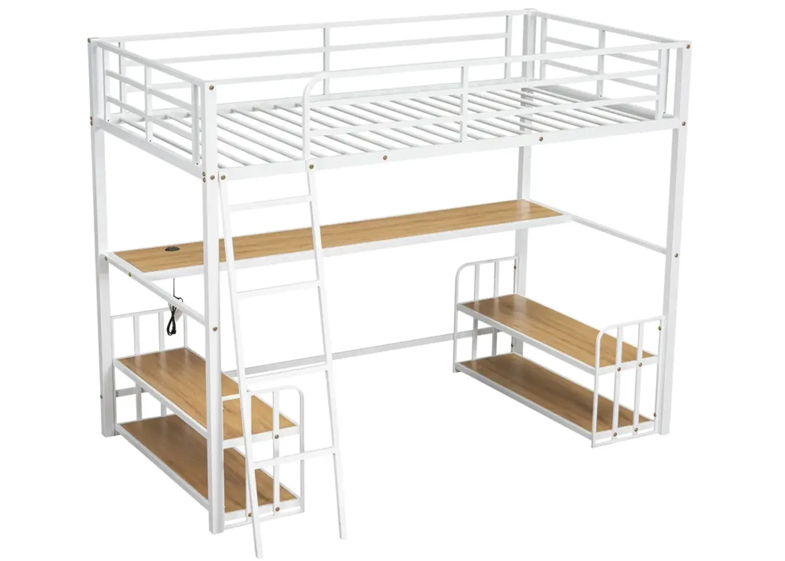 Merax Metal Loft Bed with Desk and Storage Shelves