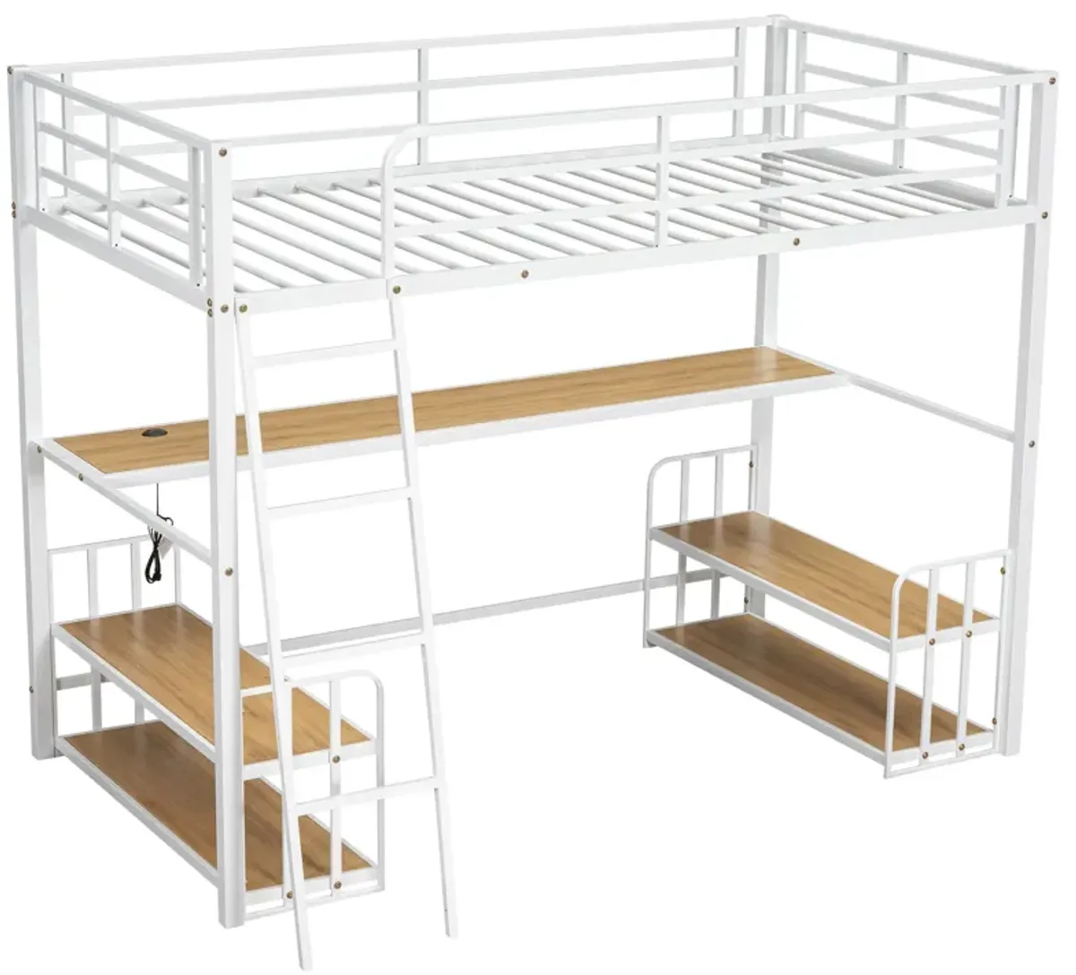 Merax Metal Loft Bed with Desk and Storage Shelves