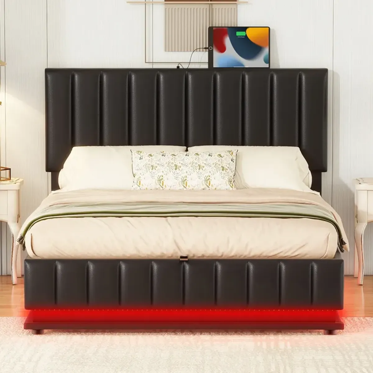 Merax Upholstered LED Light Platform Bed with Hydraulic Storage