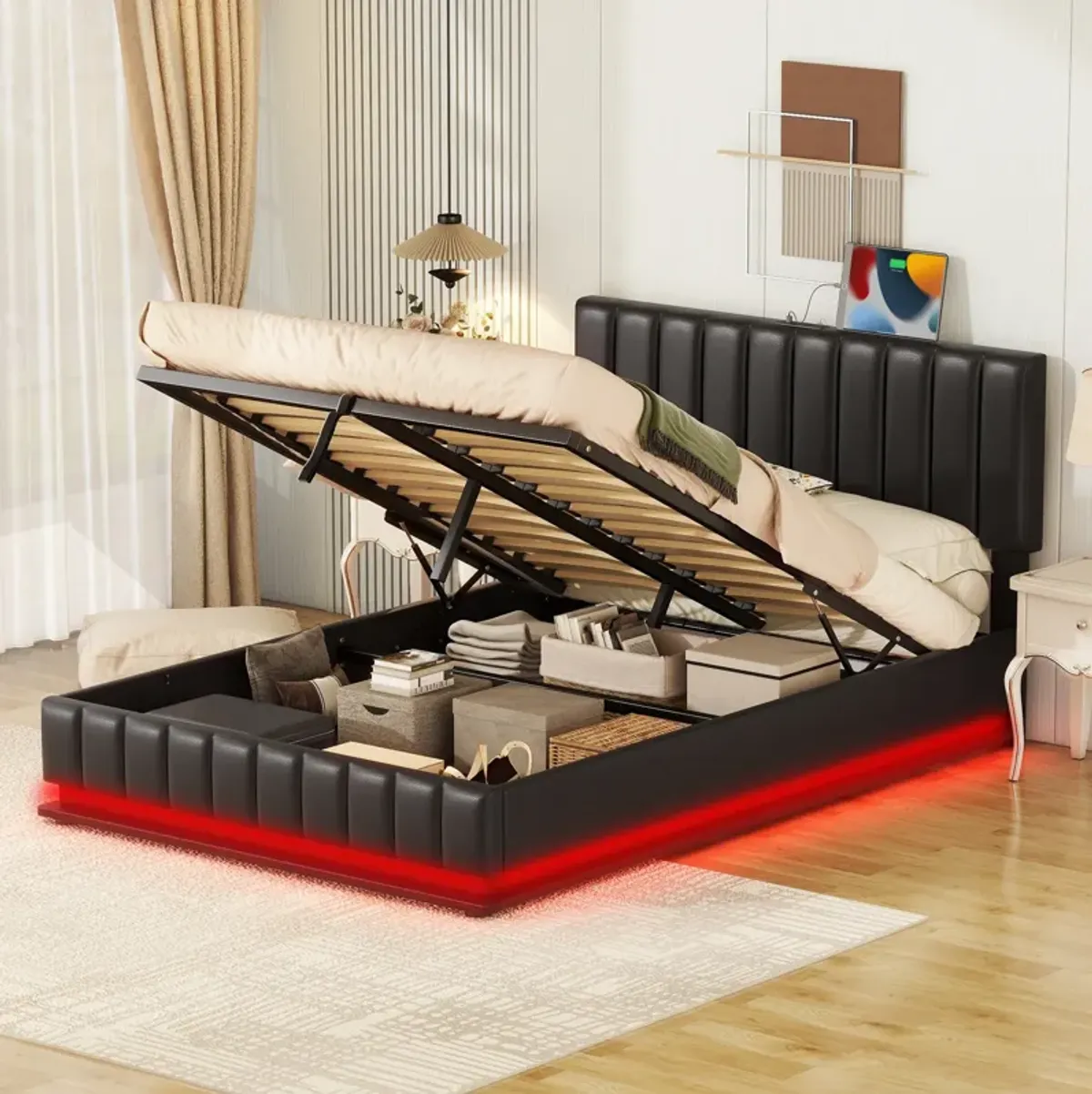 Merax Upholstered LED Light Platform Bed with Hydraulic Storage