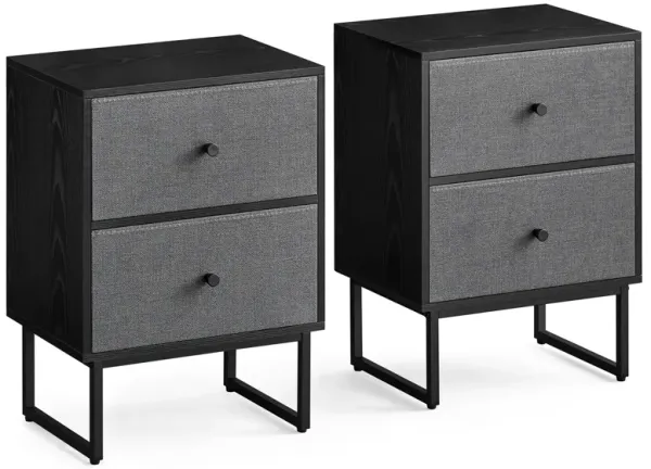 Jem 22 Inch Nightstand Set of 2, Soft Fabric Front Drawers, Black Steel - Benzara
