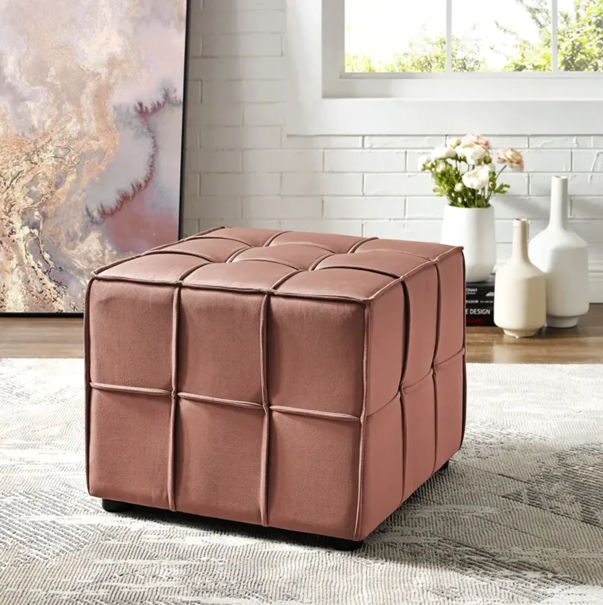 Loft Lyfe Ladda  Velvet Allover Tufted Cube Ottoman