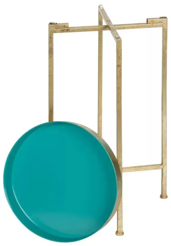 Hivvago Gold Finish Metal Round End Table Nightstand with Removable Teal Tray Top