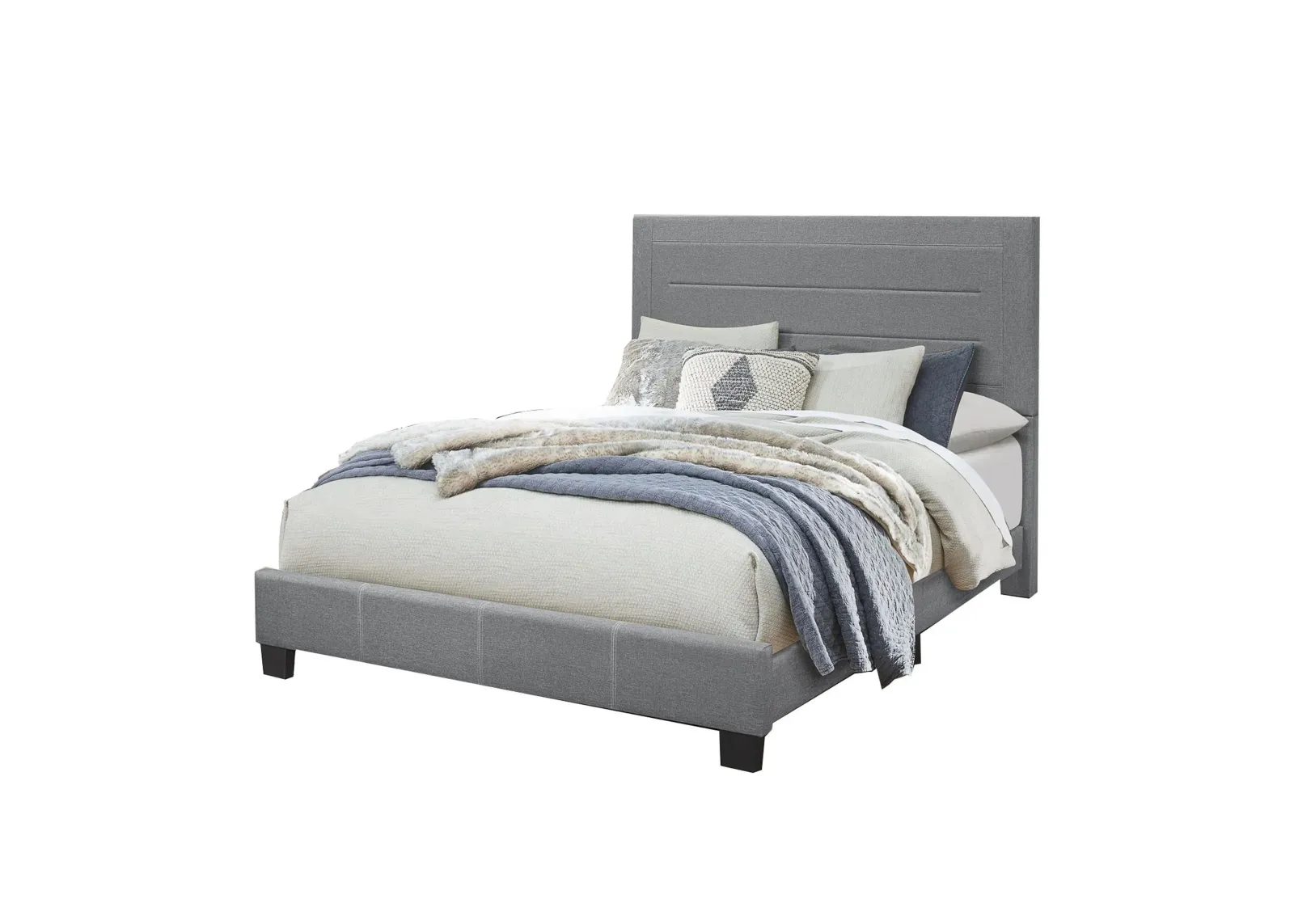 Queen Size Bed with Fabric Wrapped Frame and Panel Headboard, Gray-Benzara