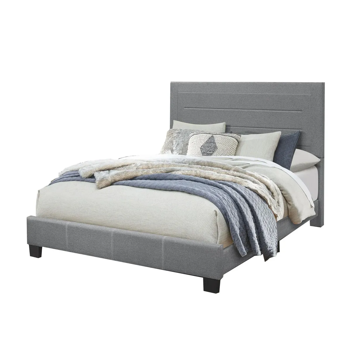 Queen Size Bed with Fabric Wrapped Frame and Panel Headboard, Gray-Benzara