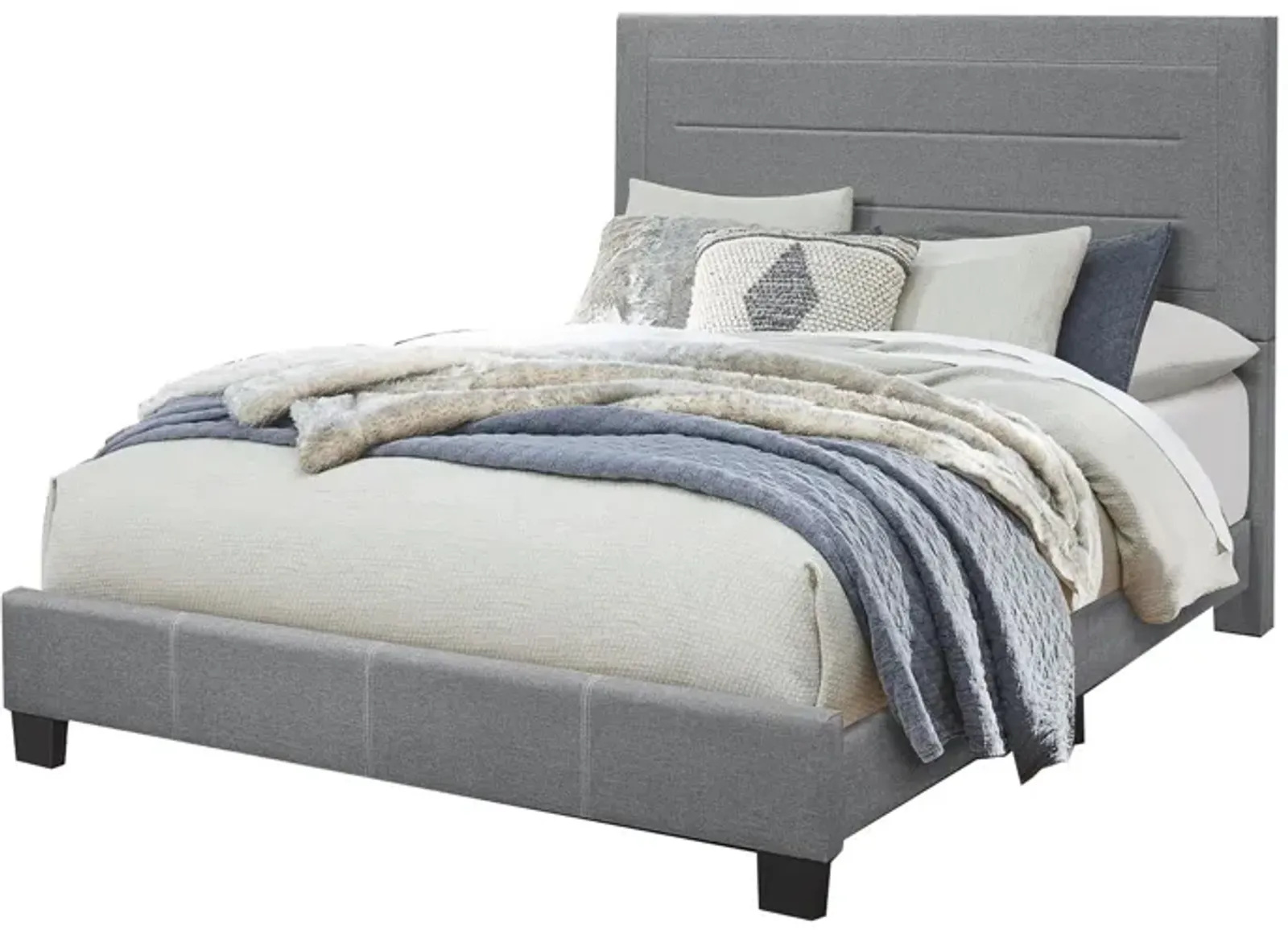 Queen Size Bed with Fabric Wrapped Frame and Panel Headboard, Gray-Benzara