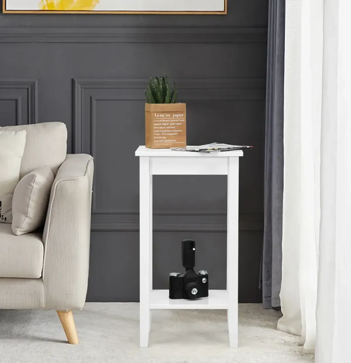 2-Tier Nightstand End Side Wooden Legs Table for Bedroom