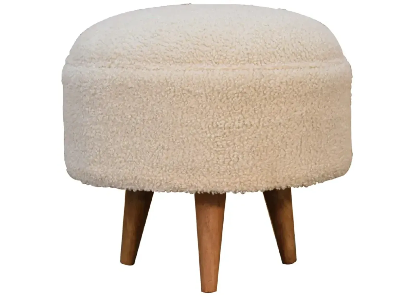 Cream Boucle  Solid Wood Rounded Footstool