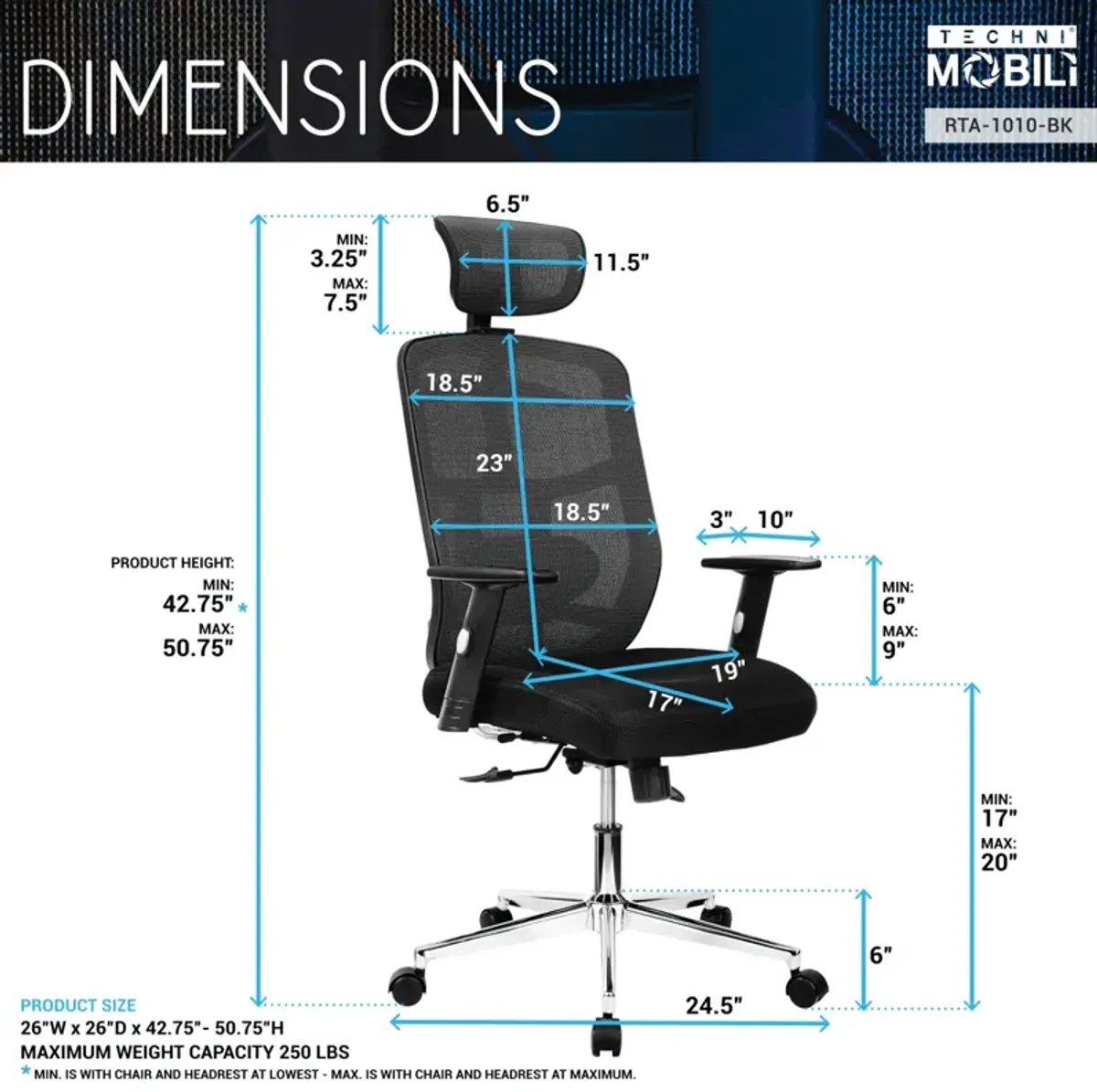 High Back Executive Mesh Office Chair With Arms, Lumbar Support And Chrome Base, Black