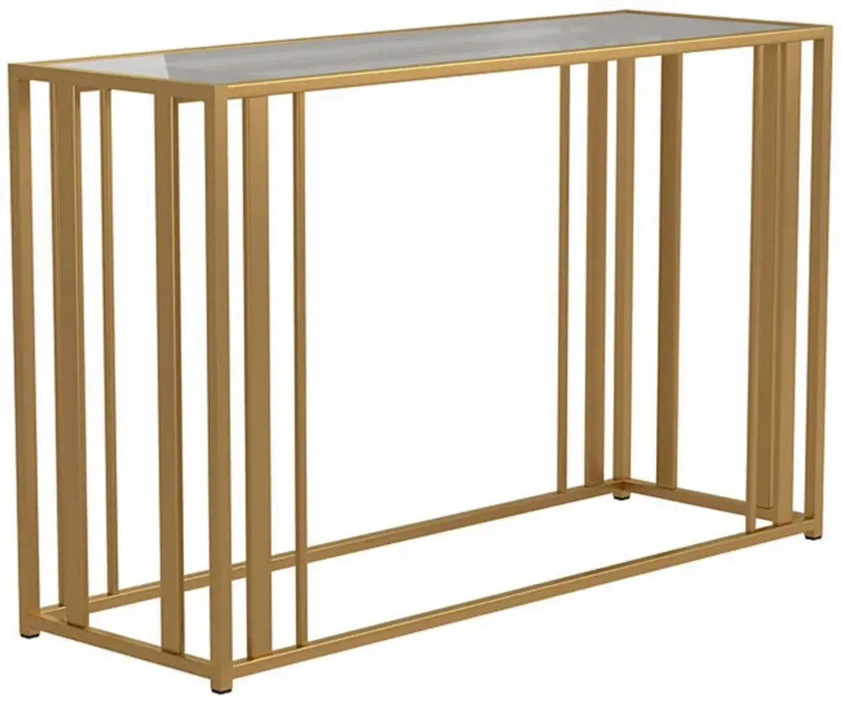 Glass Top Sofa Table with Metal Tubular Base, Brass-Benzara