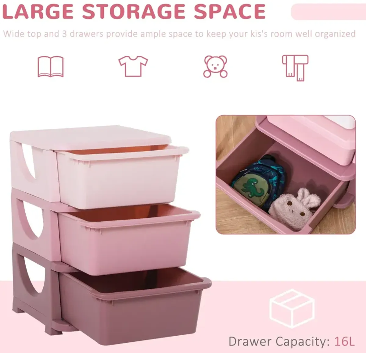 Pink Kids' Dresser: 3-Tier Storage Chest and Toy Organizer