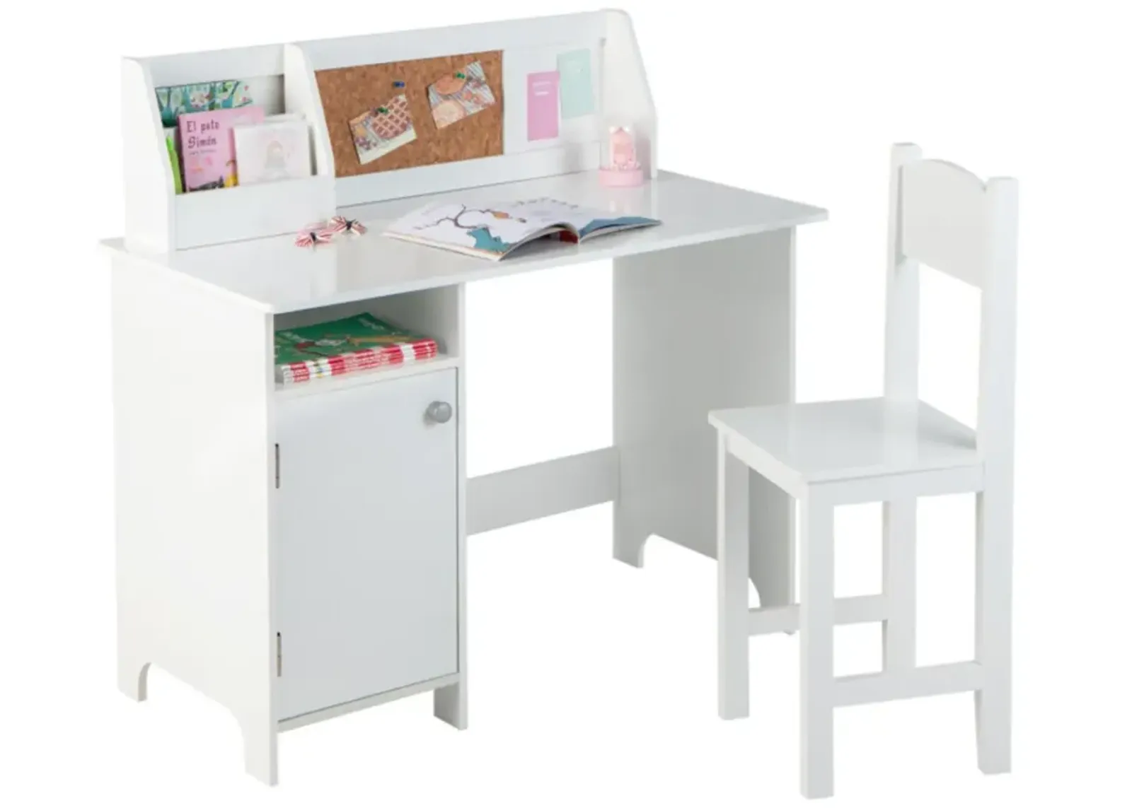 Hivvago Wooden Kids Study Desk and Chair Set with Storage Cabinet and Bulletin Board-White