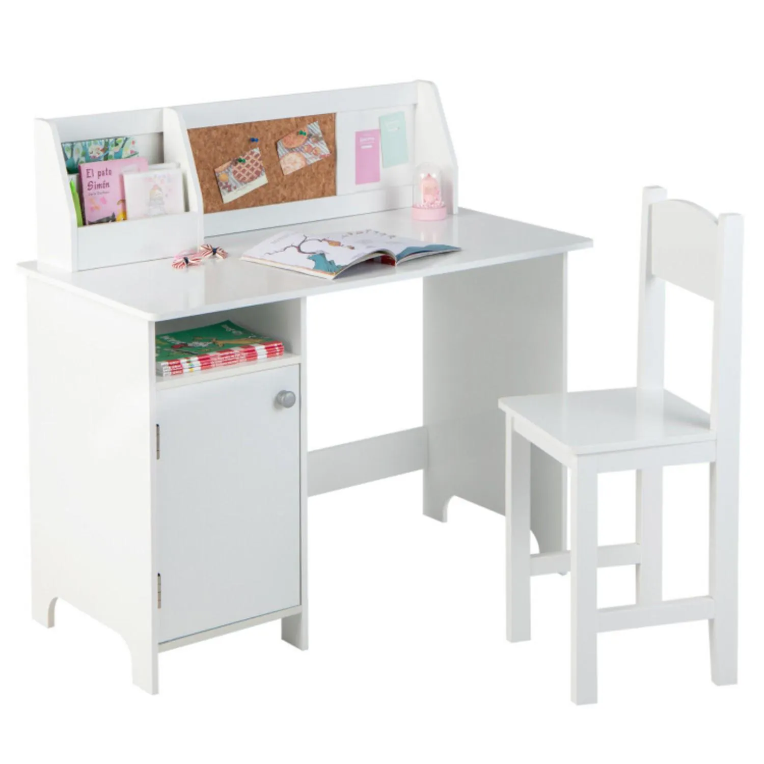 Hivvago Wooden Kids Study Desk and Chair Set with Storage Cabinet and Bulletin Board-White