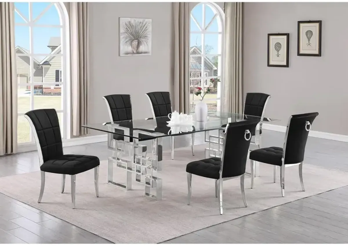 7-piece glam dining set with 6 black  chairs and a 95" long glass  table
