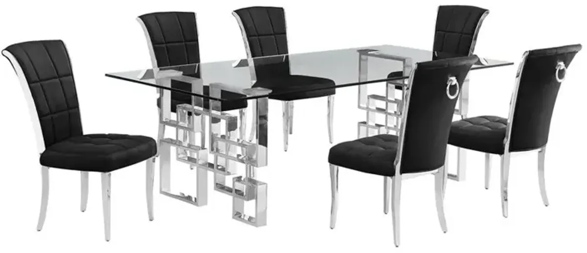 7-piece glam dining set with 6 black  chairs and a 95" long glass  table