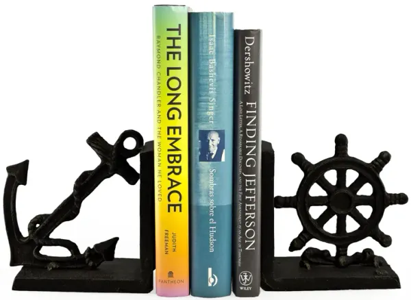 Nautical Anchor and Ship's Wheel Iron Bookend Set