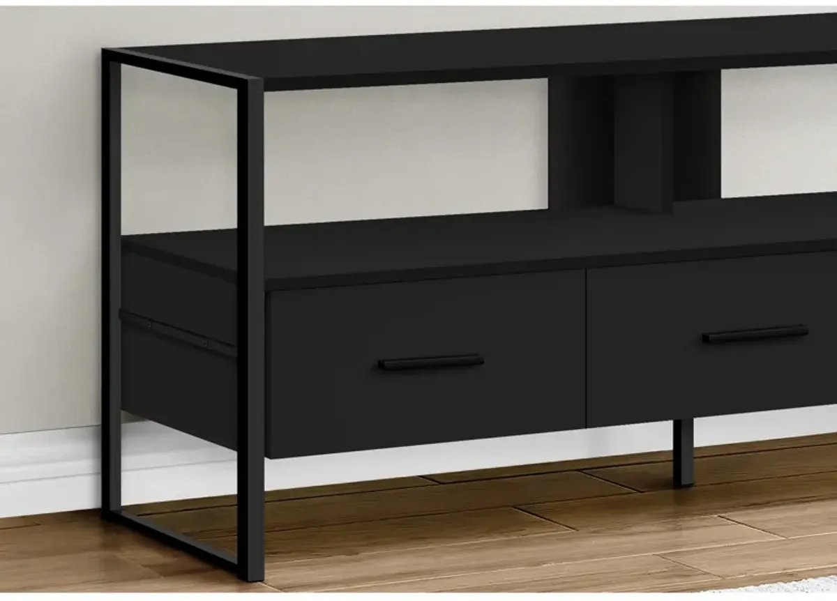 Monarch Specialties I 2616 Tv Stand, 48 Inch, Console, Media Entertainment Center, Storage Drawers, Living Room, Bedroom, Laminate, Metal, Black, Contemporary, Modern