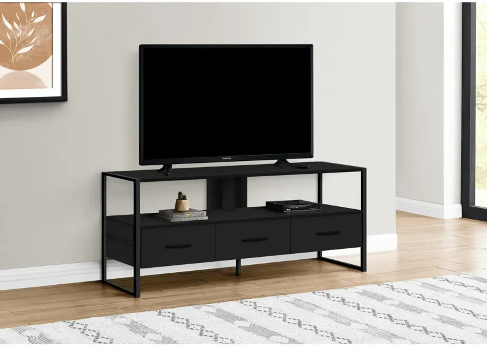 Monarch Specialties I 2616 Tv Stand, 48 Inch, Console, Media Entertainment Center, Storage Drawers, Living Room, Bedroom, Laminate, Metal, Black, Contemporary, Modern