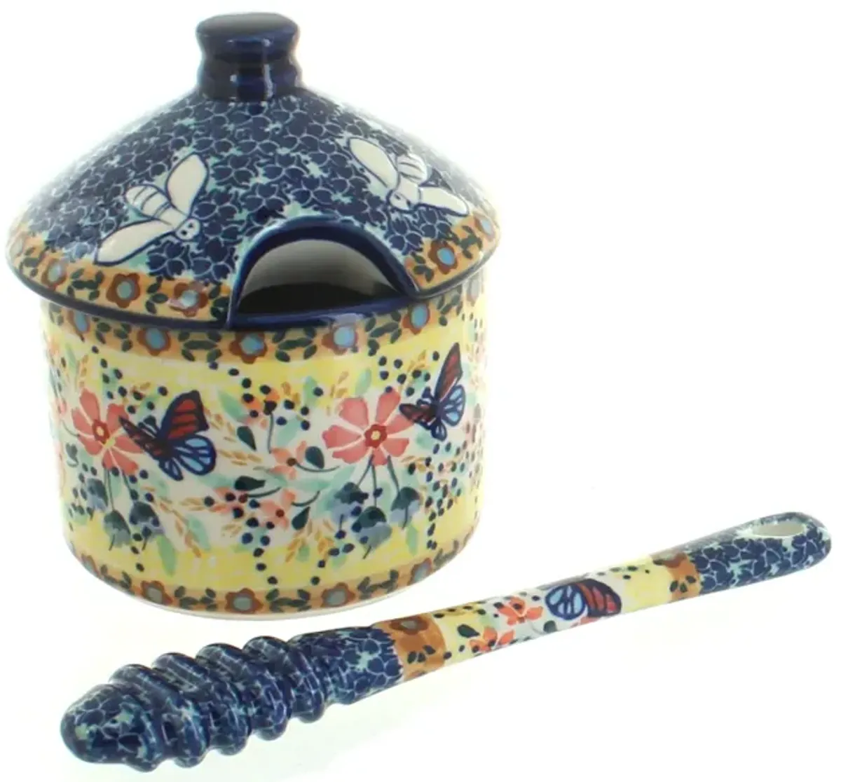 Blue Rose Polish Pottery Blue Butterfly Honey Pot & Dipper
