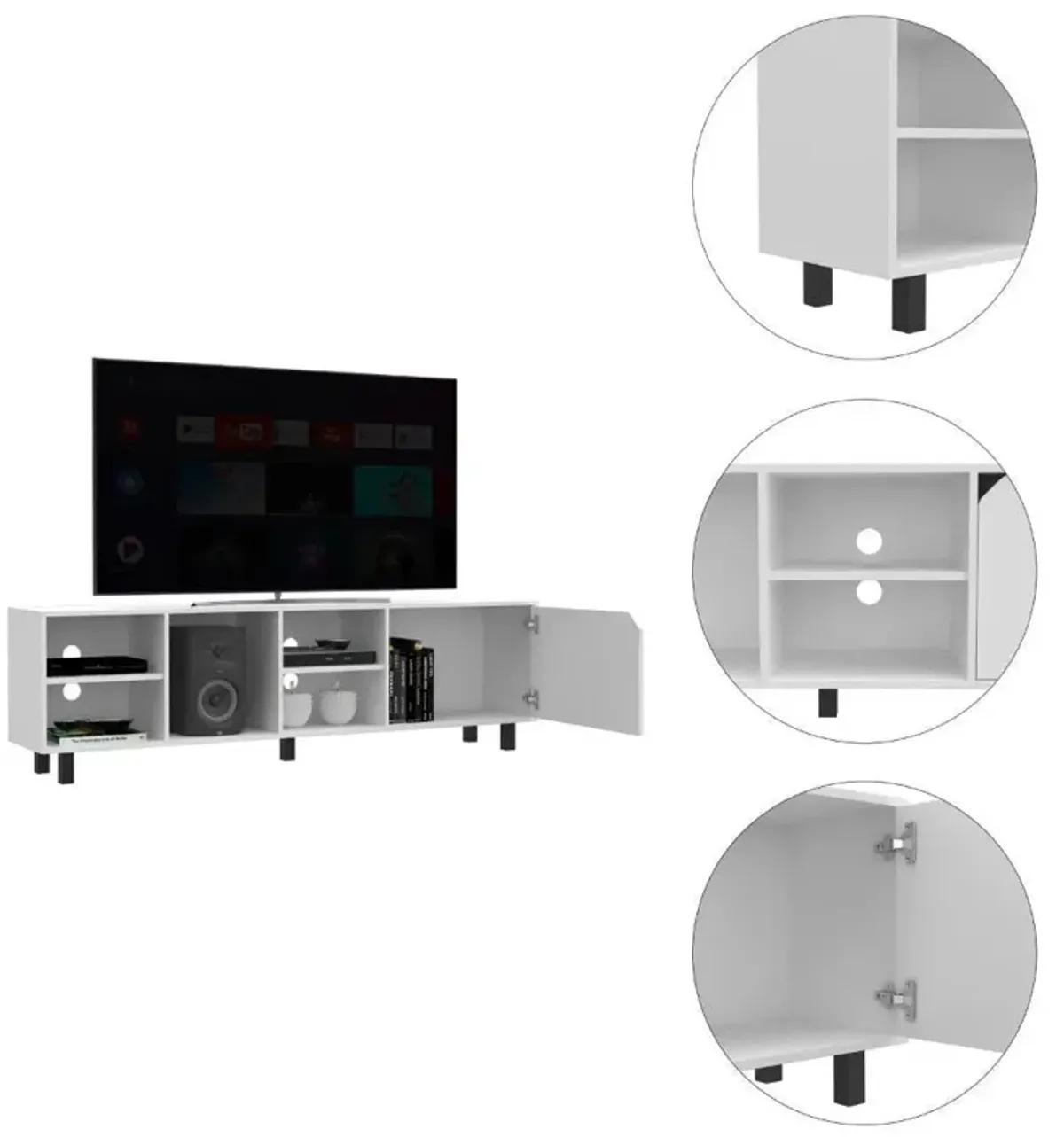 DEPOT E-SHOP Conquest Tv Stand, Back Holes, Four Open Shelves, Five Legs- White, For Living Room