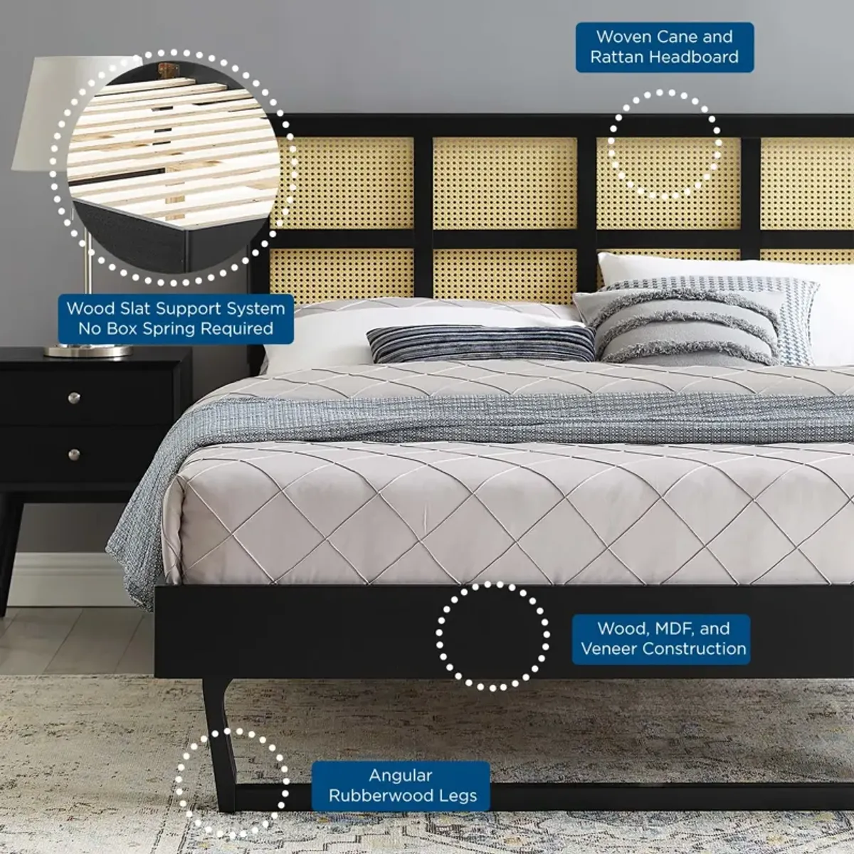 Modway - Sidney Cane and Wood Queen Platform Bed with Angular Legs