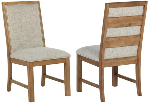Rune Dining Side Chair Set of 2, Brown Asian Hardwood, Beige Fabric - Benzara