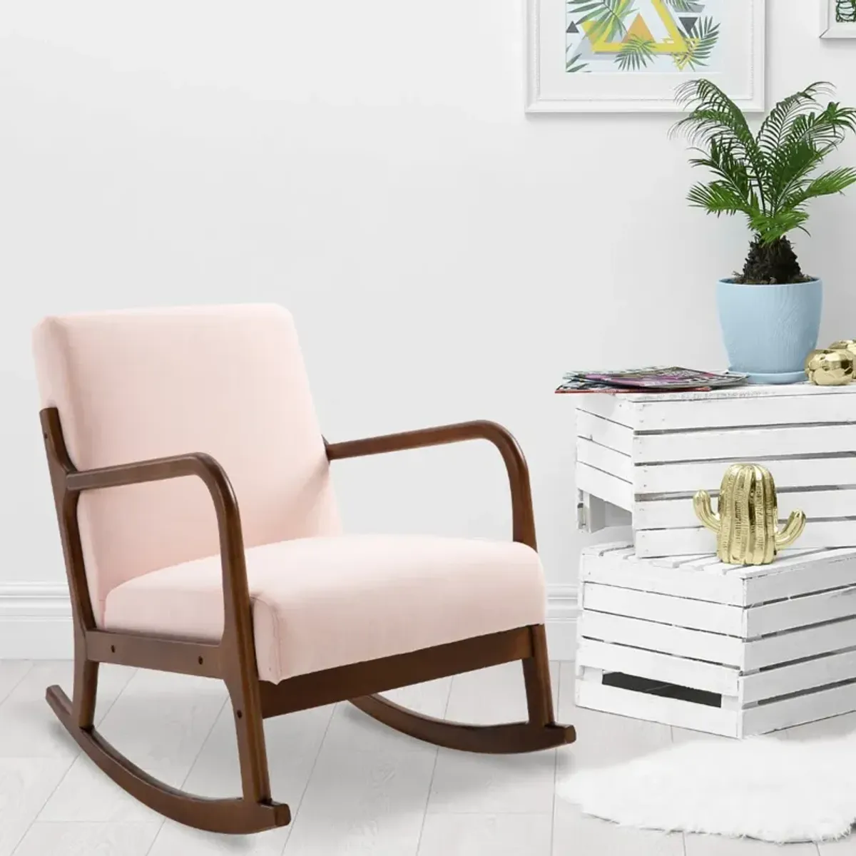 Pink Living Room Rocker: Upholstered Armchair with Wood Base