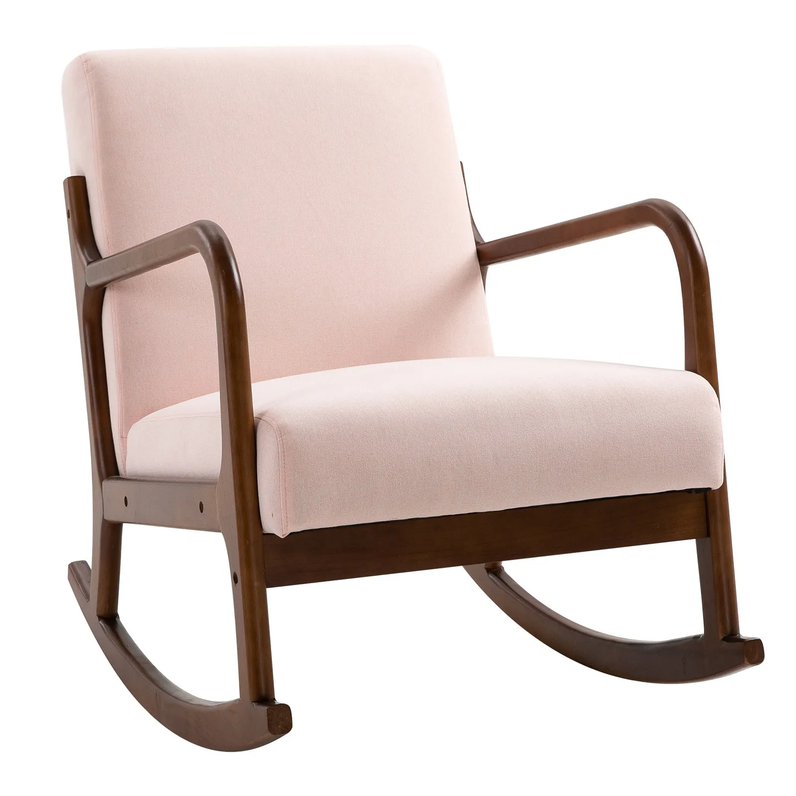 Upholstered Rocking Armchair with Wood Base and Linen Fabric Padded Seat for Living Room, Pink