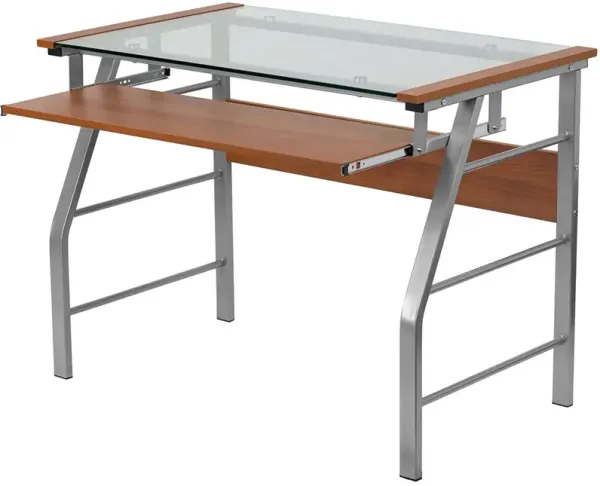 Hivvago Contemporary Tempered Glass Top Computer Desk with Cherry Keyboard Tray