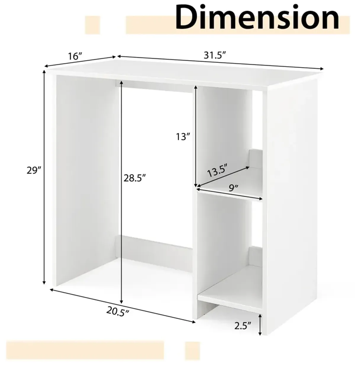 31.5 Inch  Modern Home Office Desk with 2 Compartments-White