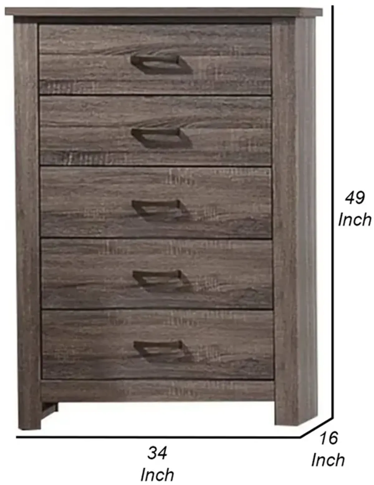 Soma 49 Inch Rustic 5 Drawer Tall Dresser Chest, Bar Handles, Oak Gray-Benzara