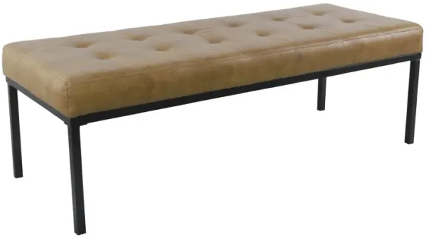 Alp Bench, Black Open Metal Frame, Brown Tufted Faux Leather 54 Inch - Benzara