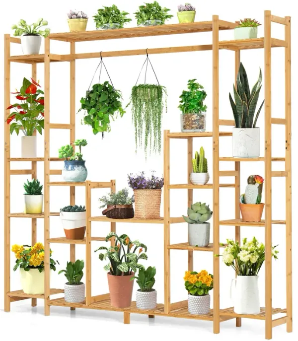 Natural 9-Tier Wicker Plant Stand with Hanging Rack