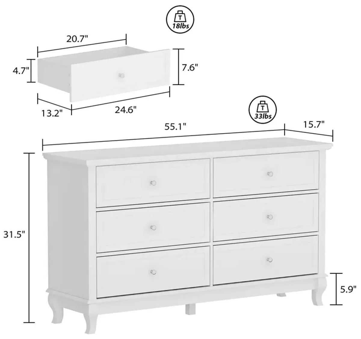 6-Drawers White Wood Chest of Drawer Storage Cabinet Organizer 55.1 in. W x 15.7 in. D x 31.5 in. H