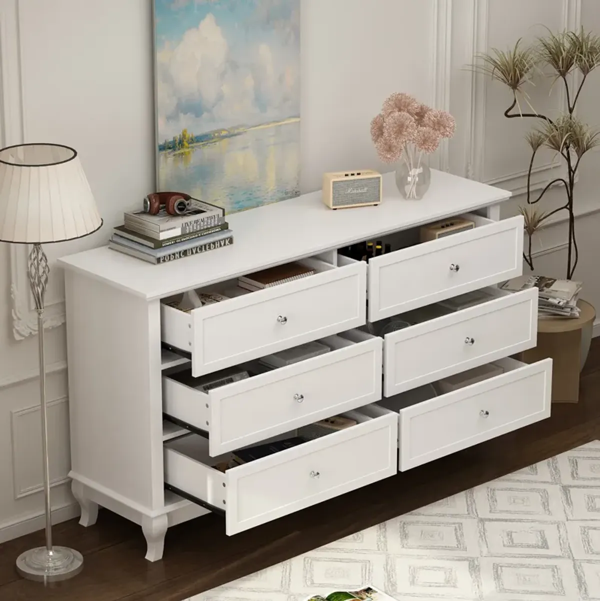 6-Drawers White Wood Chest of Drawer Storage Cabinet Organizer 55.1 in. W x 15.7 in. D x 31.5 in. H