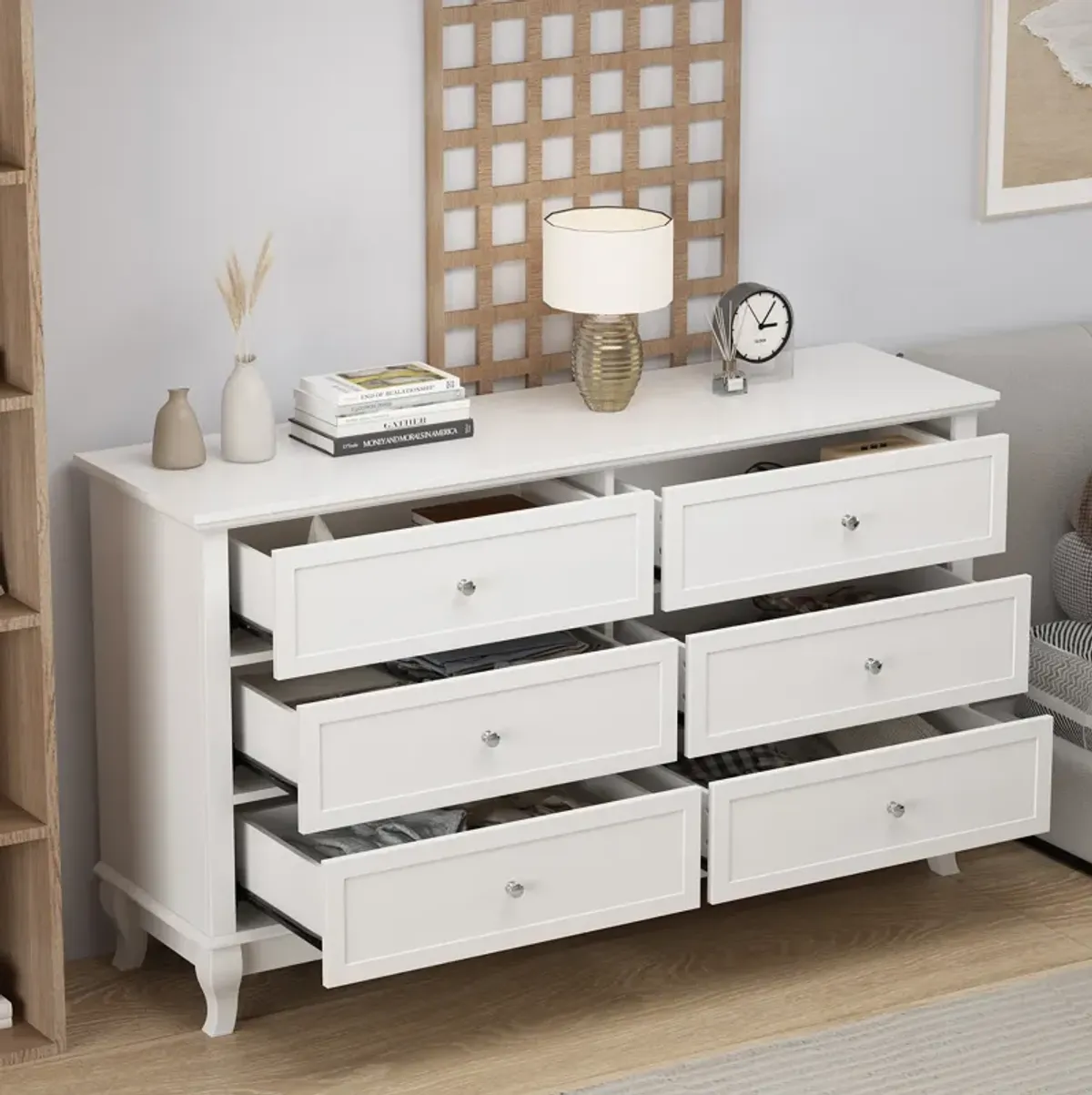 6-Drawers White Wood Chest of Drawer Storage Cabinet Organizer 55.1 in. W x 15.7 in. D x 31.5 in. H