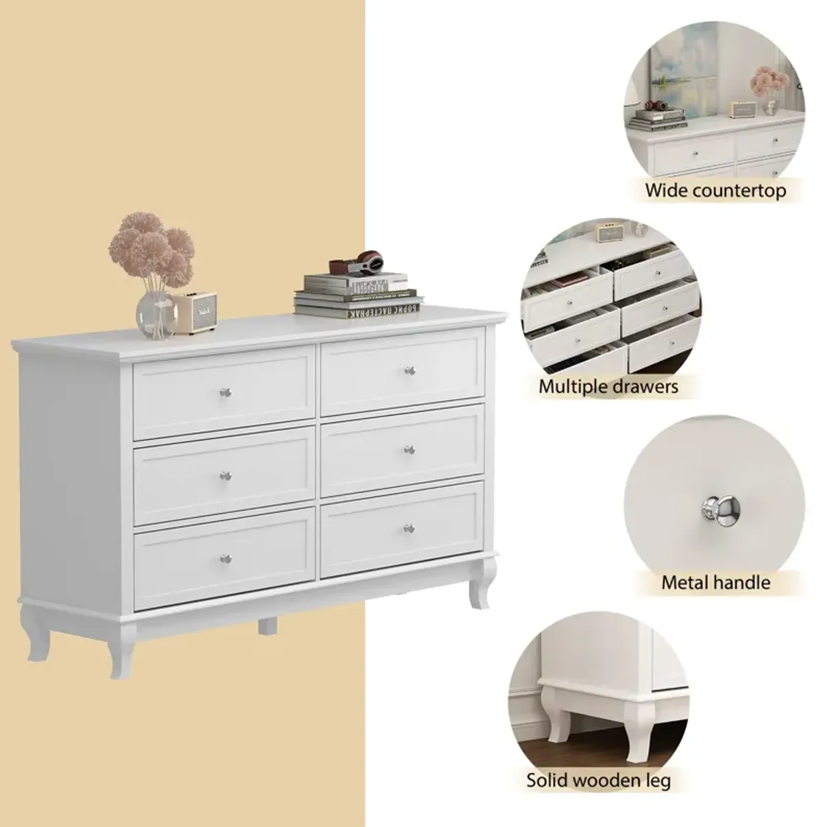 6-Drawers White Wood Chest of Drawer Storage Cabinet Organizer 55.1 in. W x 15.7 in. D x 31.5 in. H