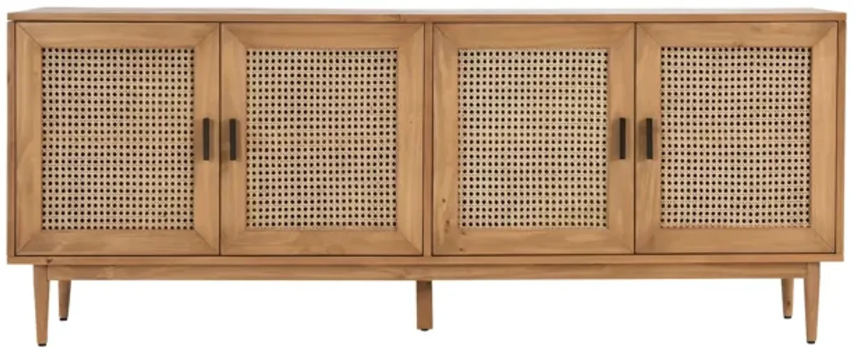 Evans 79 Inch Media Console TV Cabinet, Pinewood, 4 Doors, Natural Brown - Benzara