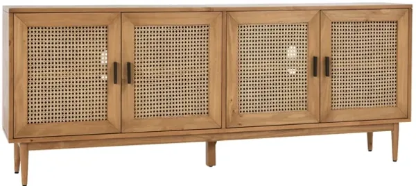 Evans 79 Inch Media Console TV Cabinet, Pinewood, 4 Doors, Natural Brown - Benzara