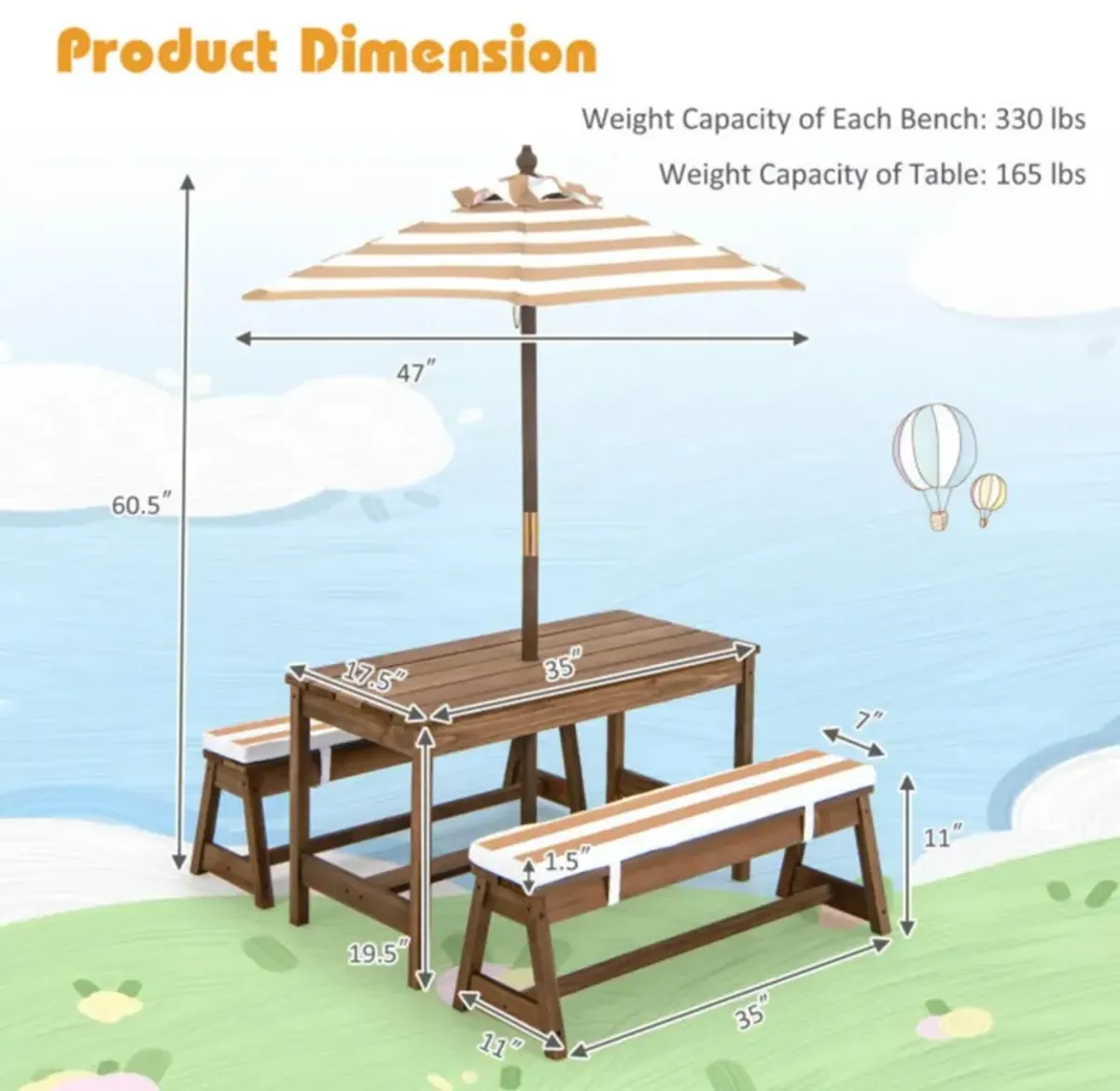 Hivvago Kids Picnic Table and Bench Set with Cushions and Height Adjustable Umbrella