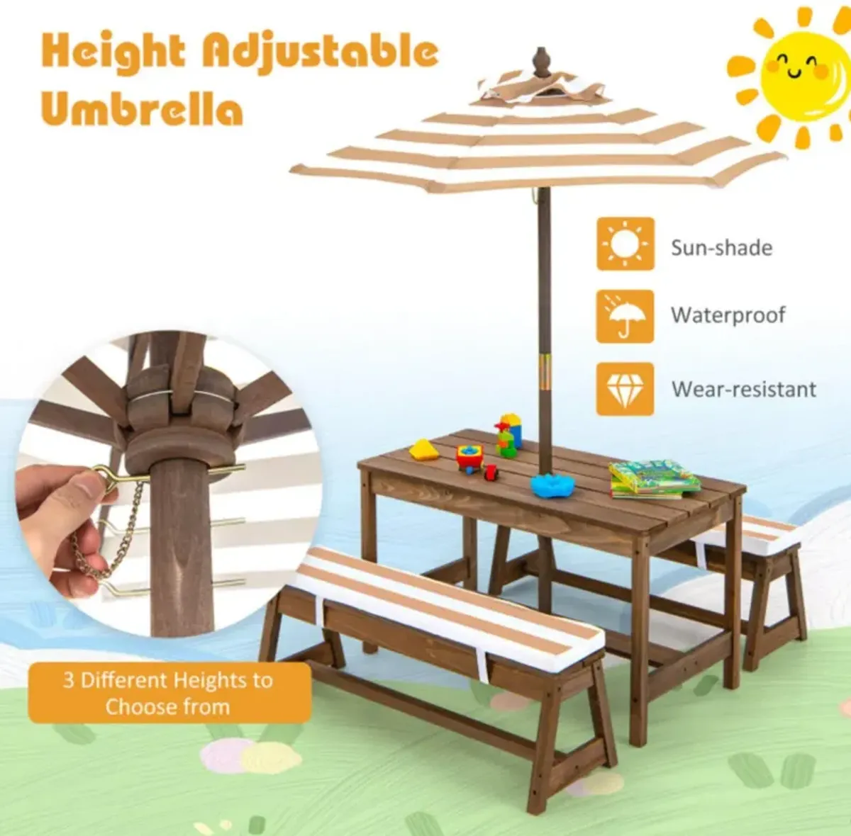 Hivvago Kids Picnic Table and Bench Set with Cushions and Height Adjustable Umbrella